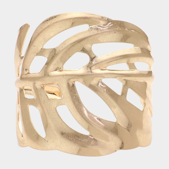 Gold Tropical Leaf Cutout Metal Cuff Bracelet Statement Jewelry Bangle - Picture 1 of 2